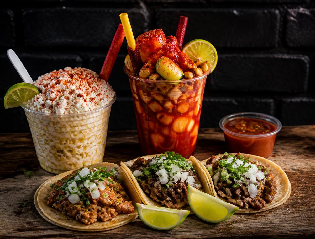 Elote en vaso, tostilocos and street tacos from Los Compás